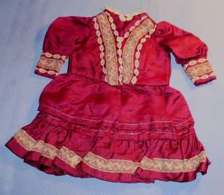 Antique 1890 Silk Maroon & Lace BEBE DOLL DRESS  