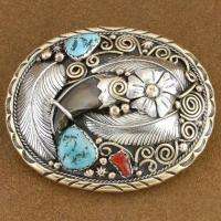 Navajo Sterling Silver Turquoise Coral Claw Belt Buckle  