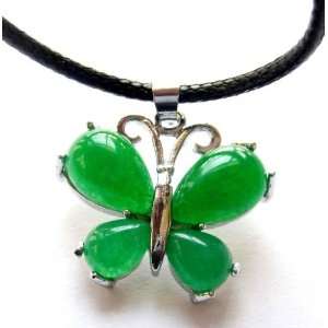  Green Jade Butterfly Silvertone Metal Pendant Necklace 