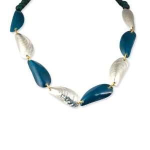  Metal Blue Shell and Green Natural Wood Necklace 