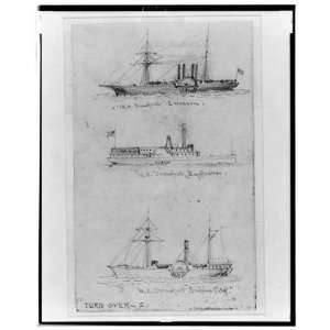  Drawing Broadside views of three sidewheel steamships U.S 