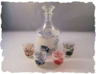 Old Frosted Decantur & Shot Glass Set Stagecoach France  