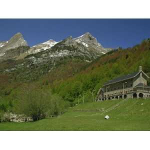 Parador of Bielsa with Snow Capped Mountains Behind, in Aragon, Spain 