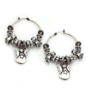 Fashion Angel Beaded Hoop Earrings ; 1.5 Diameter; Burnished Silver 