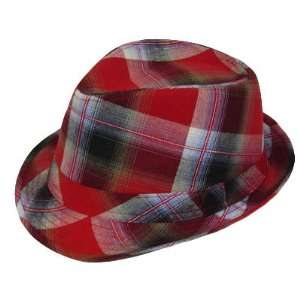 FEDORA TRILBY COTTON HAT RED BLK WHITE PLAID LARGE XL  