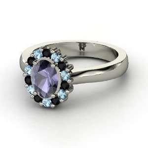 Princess Kate Ring, Oval Iolite 14K White Gold Ring with Black Onyx 
