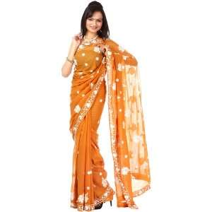  Brown Sari with Ari Embroidered Flowers All Over 