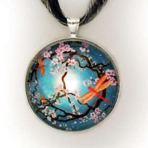   Peace Tree with Orange Dragonflies Handmade Fine Art Pendant Jewelry