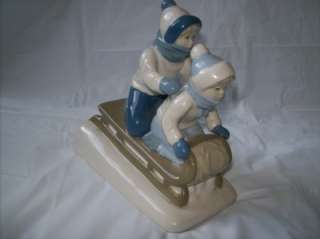 Kids Sledding Figurine Mexico Porcelana De Cuernavaca  