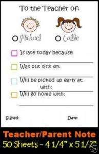 50 School Excuse Notes 4 1/4x5 1/2 MOMMY   TEACHER  