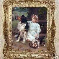 Victorian Girl Dogs Collie Puppies Dollhouse Picture  