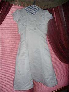 GIRLS WHITE COMMUNION DRESS PEARL BEADING ROSETS BOLERO JACKET size 7 