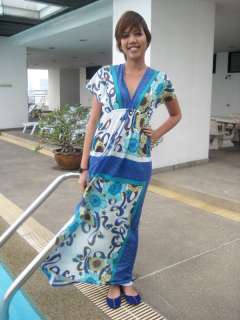Vintage Style Ethnic Flower print boho kimono maxi sun dress Blue S M 