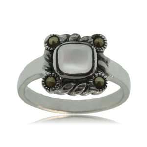   of Pearl Ring Silver W/ Marcasite Square Bezel GEMaffair Jewelry