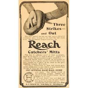  1907 Ad Antique Reach Catchers Mitts Baseball Reach 