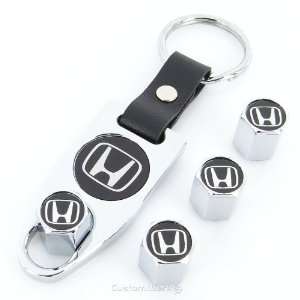   Honda Black Logo Chrome Tire Valve Caps + Wrench Keychain Automotive