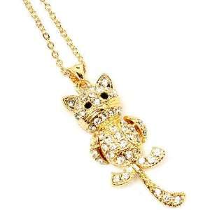  Cute Gold Tone Clear Crystal Kitty Cat Charm Pendant Chain 