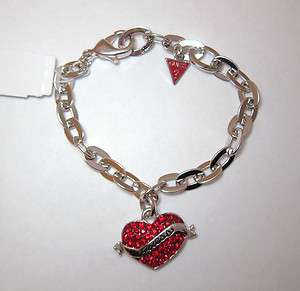 GUESS Exclusive V Day Heart Red Crystal Bracelet Rhinestones Silver 