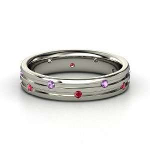  Slalom Band, 14K White Gold Ring with Amethyst & Ruby 