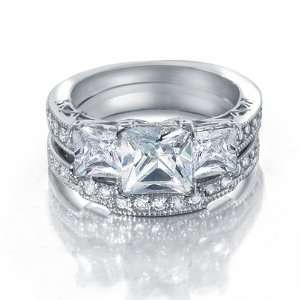   Sterling Silver Princess Cut CZ Wedding Engagement Ring Set   Size 9