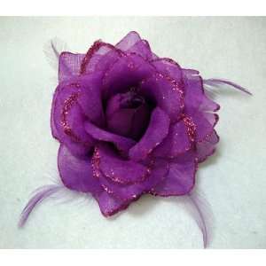 Purple Glitter Rose with Feathers Hair Flower Clip and Pin
