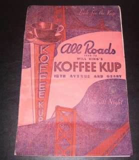RARE VINTAGE MENU KOFFEE KUP SAN FRANCISCO 18TH & GEARY  