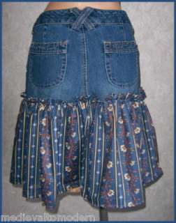 Up Cycled Unique Denim Jean REcycle Prarie Cotton Skirt OOAK Low 3/4 