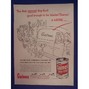  Gaines dog food,dogs chasing gaines truck,50s Print Ad 