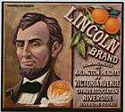 LINCOLN Vintage Riverside Orange Crate Label, President  