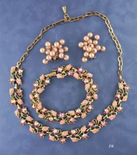 Pink Rhinestone Enameled Necklace Bracelet Earrings  