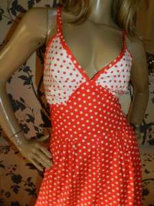 VINTAGE 70s RED/WHITE POLKA DOT PLUNGING MAXI DRESS 14  