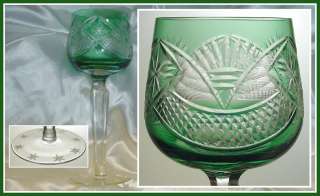 EMERALD GREEN Wine Goblet Hock Glass CUT TO CLEAR LEAD CRYSTAL Poland 