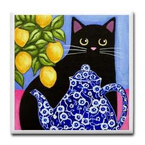  Black CAT Blue Calico Teapot Lemons ART TILE Pets Tile 