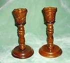 Pair of Wooden Candlesticks with Amber Glass Candle Votive Holders