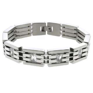 Masculine Heavy Mens Stainless Steel Bracelet with Cubic Zirconia CZ 