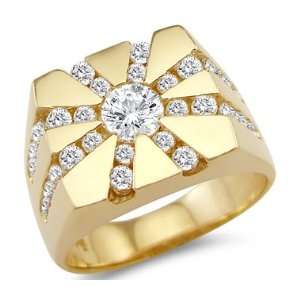   New Solid 14k Yellow Gold Large Mens Fashion CZ Cubic Zirconia Ring