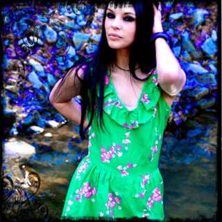 Vintage 70s Lil Green Malia Floral Ruffle Sun Dress  