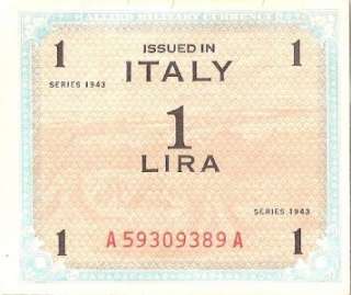 Italy 1 Lira WW II ALLIED MILITARY CURRENCY 1943 A59309389A  
