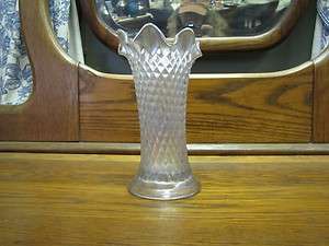 Signed Northwood White Carnival Glass Diamont Point Vase  