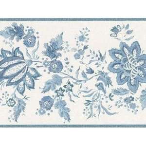  Wallpaper Border Designer Blue on White Jacobean Floral 
