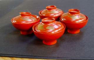 JAPANESE RED LACQUER 4 BOWLS LIDS WOOD VINTAGE LAQUER  