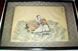 Old Chinese Silk Painting,Frame, Matte,sign~Man & Fish  