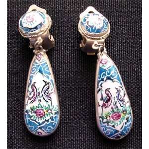  1422 Persian Mina Karee Enamel Clip Earrings Hand Painted 