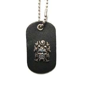  Silver Skull on Leather Dog Tag with Ball Chain Jewelry