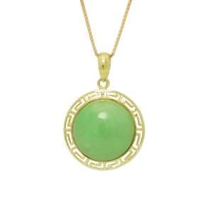  Green Jade Round Pendant with Greek Key Frame on Chain, 18 Jewelry