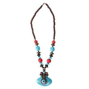  Beaded German Silver Necklace   Red and Turquoise coloured 