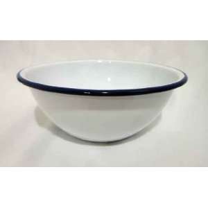  Enamelware Serving Bowl, Vintage White with Blue Rim 
