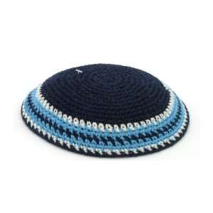  Dark Blue Knitted Kippah with Sky Blue and White Stripes 