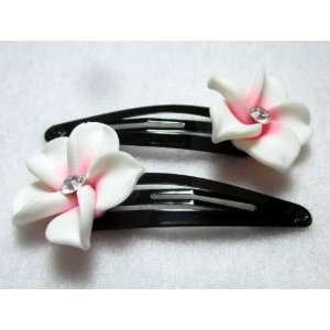  White and Pink Fimo Clay Plumeria Snap Clips   Pair 