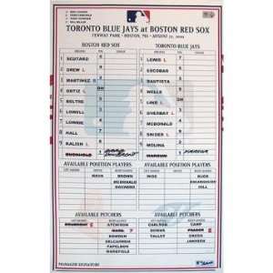  Blue Jays at Red Sox 8 22 2010 Game Used Lineup Card 
